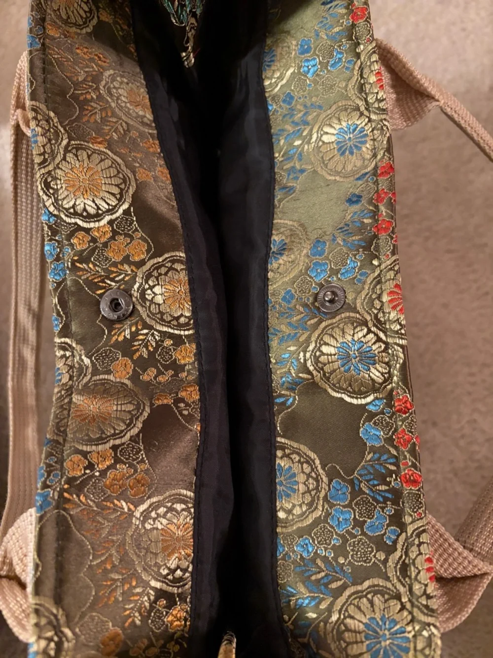 Oriental Olive Green Vibrant Floral Jacquard Satin Tote Bag with Beige Straps - Picture 16 of 16